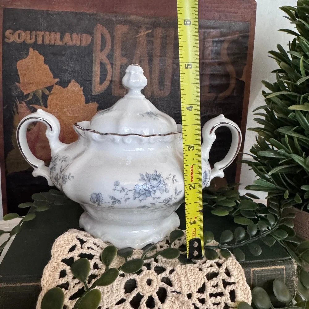 Johann Haviland Blue Garland Sugar Bowl with Lid Bavaria Germany Platinum Trim
